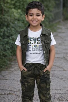 Erkek Çocuk Kolsuz Jean Ceket Never Yazı Detaylı T-Shirt Karo Cepli Kamuflaj Desenli Alt Üst Takım