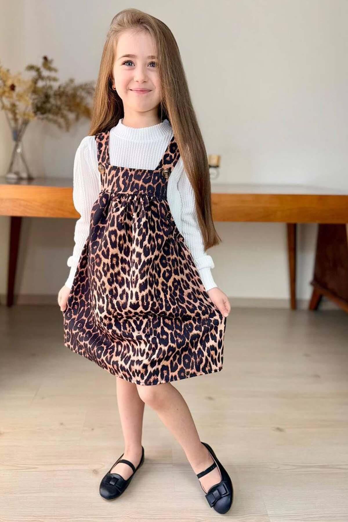 Kız Çocuk Dik Yaka Fitilli Kazak Askılı Leopar Desenli Salopet Takım