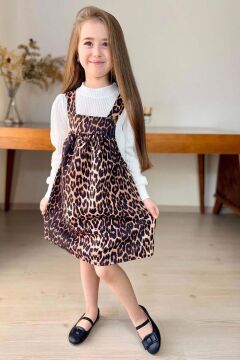 Kız Çocuk Dik Yaka Fitilli Kazak Askılı Leopar Desenli Salopet Takım