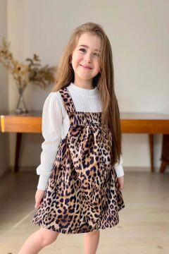 Kız Çocuk Dik Yaka Fitilli Kazak Askılı Leopar Desenli Salopet Takım