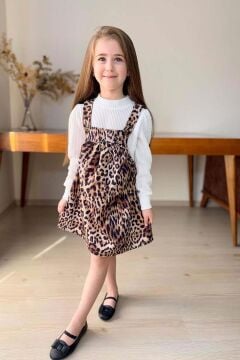 Kız Çocuk Dik Yaka Fitilli Kazak Askılı Leopar Desenli Salopet Takım