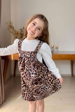 Kız Çocuk Dik Yaka Fitilli Kazak Askılı Leopar Desenli Salopet Takım