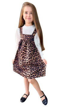 Kız Çocuk Dik Yaka Fitilli Kazak Askılı Leopar Desenli Salopet Takım