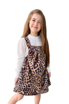 Kız Çocuk Dik Yaka Fitilli Kazak Askılı Leopar Desenli Salopet Takım