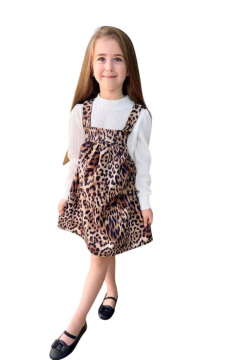 Kız Çocuk Dik Yaka Fitilli Kazak Askılı Leopar Desenli Salopet Takım