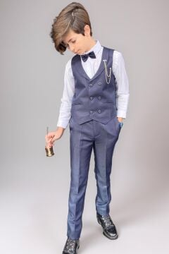 Erkek Çocuk Cepken Yelekli Şal Yaka Lacivert Takım Elbise 10-16 Yaş