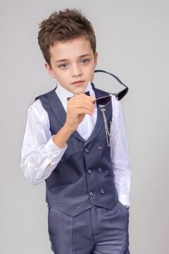 Erkek Çocuk Cepken Yelekli Şal Yaka Lacivert Takım Elbise 10-16 Yaş