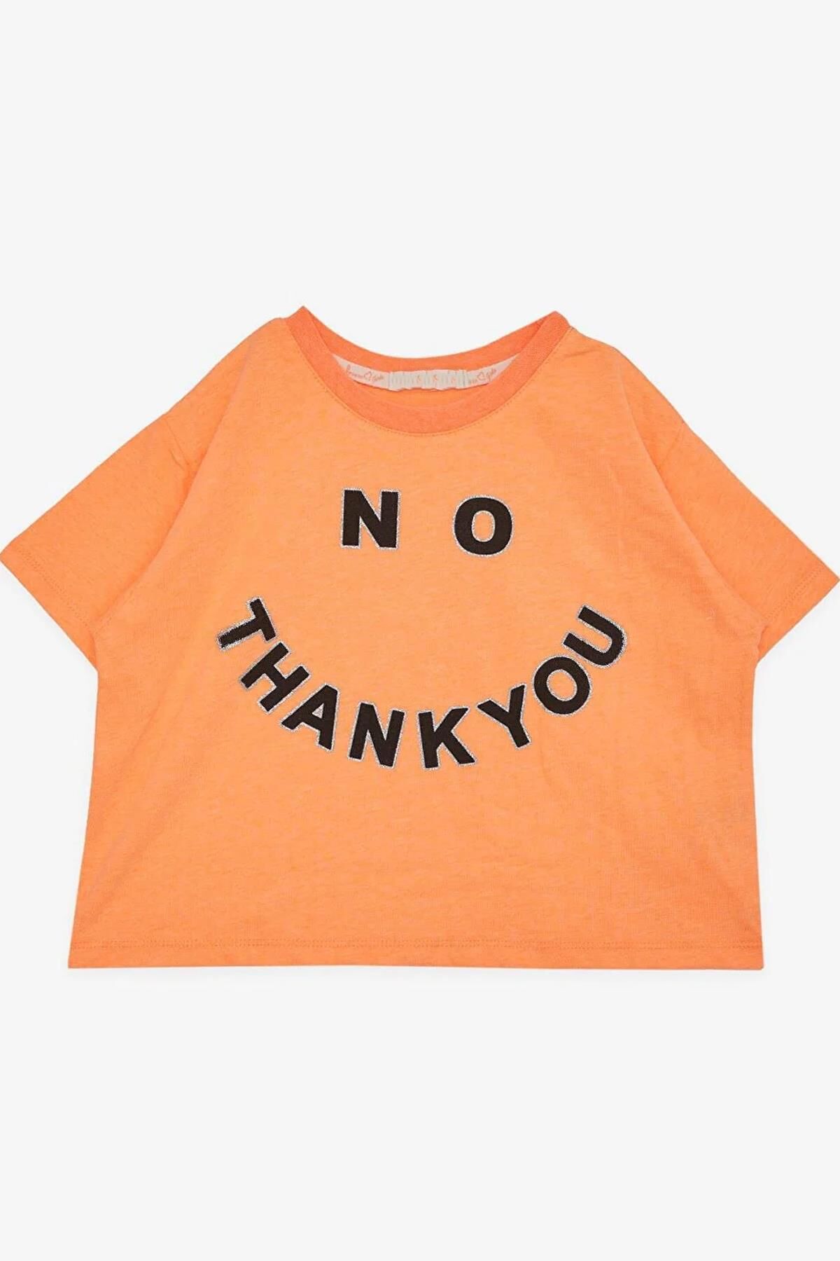 Kız Çocuk Simli Thank You Yazı Baskılı Turuncu Crop