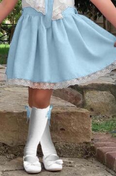 Kız Çocuk V Yaka Omuzları ve Etek Ucu Dantel İşlemeli Mavi Elbise