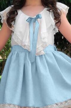 Kız Çocuk V Yaka Omuzları ve Etek Ucu Dantel İşlemeli Mavi Elbise