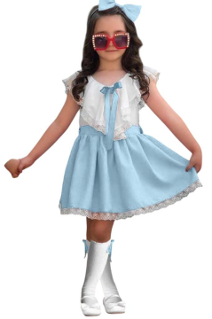 Kız Çocuk V Yaka Omuzları ve Etek Ucu Dantel İşlemeli Mavi Elbise