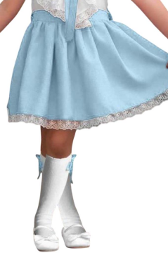 Kız Çocuk V Yaka Omuzları ve Etek Ucu Dantel İşlemeli Mavi Elbise