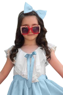 Kız Çocuk V Yaka Omuzları ve Etek Ucu Dantel İşlemeli Mavi Elbise