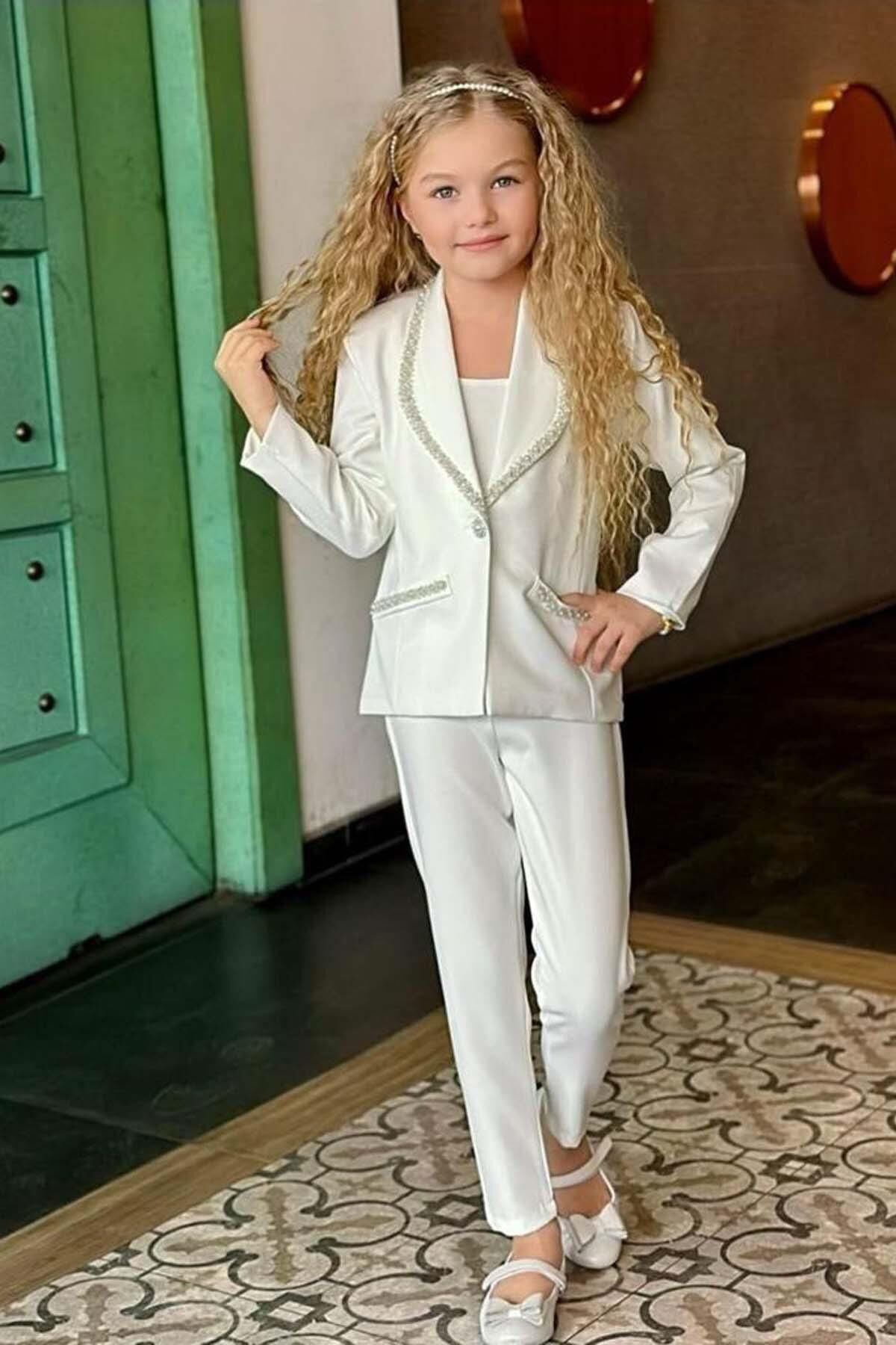 Kız Çocuk Yaka Kenarları İnci Taş İşlemeli Blazer Ceket Kolsuz Penye Crop Beyaz Alt Üst Takım