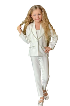 Kız Çocuk Yaka Kenarları İnci Taş İşlemeli Blazer Ceket Kolsuz Penye Crop Beyaz Alt Üst Takım