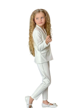 Kız Çocuk Yaka Kenarları İnci Taş İşlemeli Blazer Ceket Kolsuz Penye Crop Beyaz Alt Üst Takım