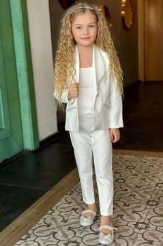 Kız Çocuk Yaka Kenarları İnci Taş İşlemeli Blazer Ceket Kolsuz Penye Crop Beyaz Alt Üst Takım