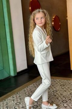 Kız Çocuk Yaka Kenarları İnci Taş İşlemeli Blazer Ceket Kolsuz Penye Crop Beyaz Alt Üst Takım