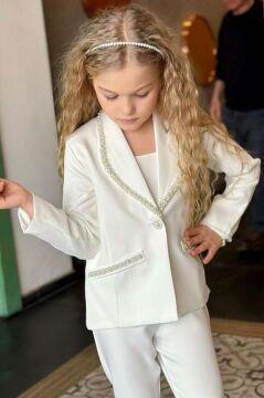 Kız Çocuk Yaka Kenarları İnci Taş İşlemeli Blazer Ceket Kolsuz Penye Crop Beyaz Alt Üst Takım