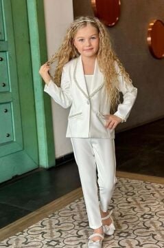 Kız Çocuk Yaka Kenarları İnci Taş İşlemeli Blazer Ceket Kolsuz Penye Crop Beyaz Alt Üst Takım