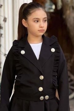 Kız Çocuk Omuzları ve Kenarları Fırfır Detaylı Ceket Pliseli Siyah Etekli Takım