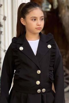 Kız Çocuk Omuzları ve Kenarları Fırfır Detaylı Ceket Pliseli Siyah Etekli Takım