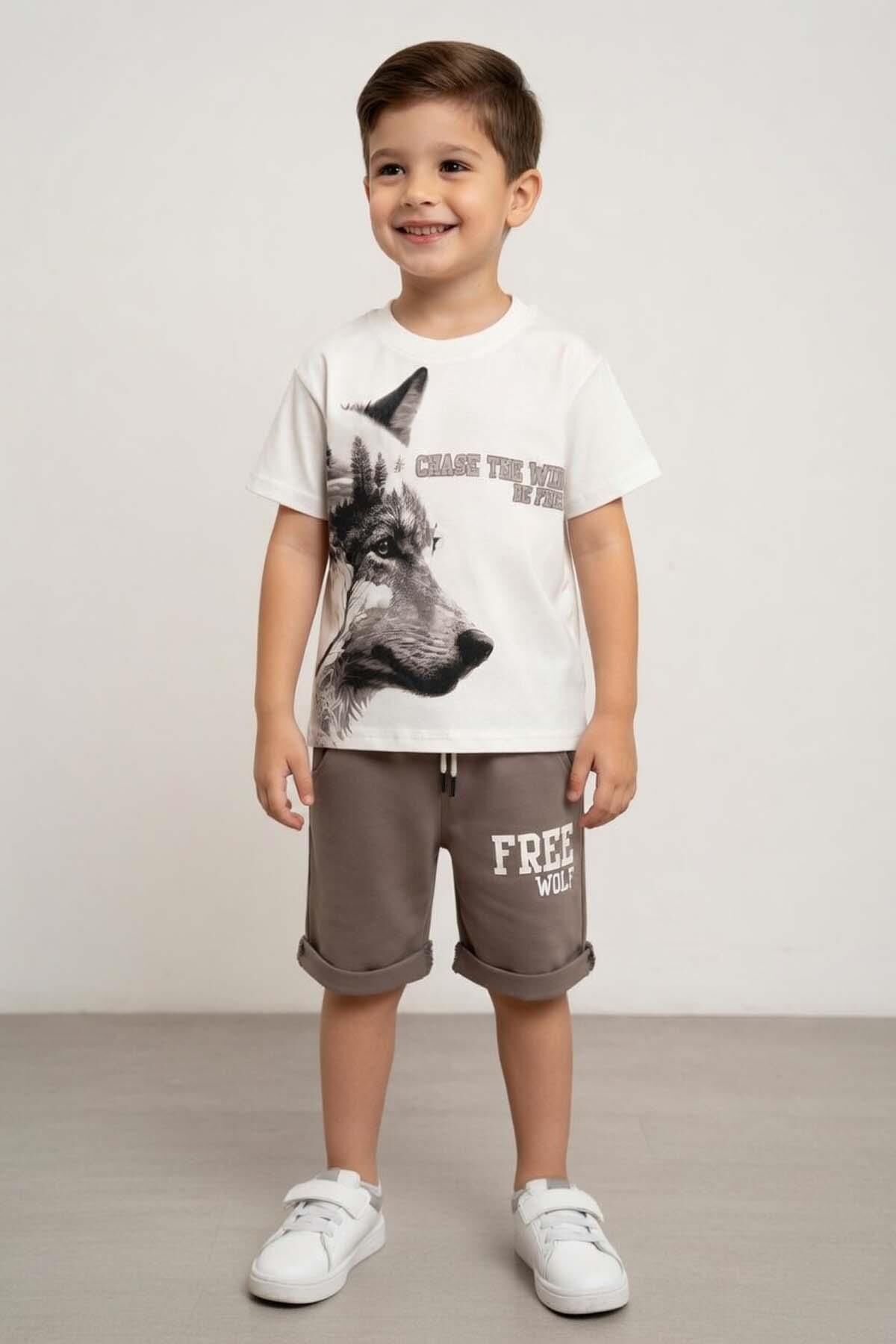 Erkek Çocuk Kurt Detaylı Üzeri Wolf Yazı Baskılı Gri Şortlu Takım