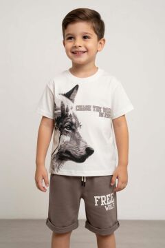 Erkek Çocuk Kurt Detaylı Üzeri Wolf Yazı Baskılı Gri Şortlu Takım