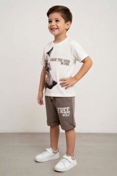 Erkek Çocuk Kurt Detaylı Üzeri Wolf Yazı Baskılı Gri Şortlu Takım