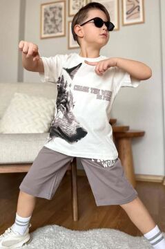 Erkek Çocuk Kurt Detaylı Üzeri Wolf Yazı Baskılı Gri Şortlu Takım