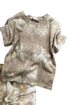 Erkek Çocuk New York Yazı Baskı ve Batık Desenli Penye T-Shirt Kahverengi Şortlu Takım