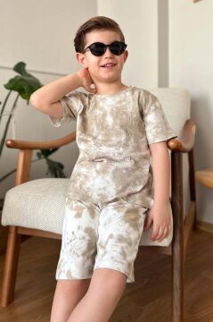Erkek Çocuk New York Yazı Baskı ve Batık Desenli Penye T-Shirt Kahverengi Şortlu Takım