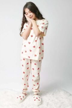 Kız Çocuk Küçük Sevimli Kalp Baskılı T-Shirt Krem Pijama Takımı 8-14 Yaş