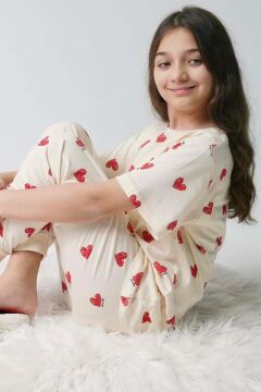 Kız Çocuk Küçük Sevimli Kalp Baskılı T-Shirt Krem Pijama Takımı 8-14 Yaş