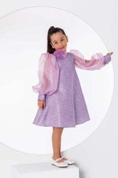 Kız Çocuk Çiçekli Boyunluk Hediyeli Şeffaf Karpuz Kollu Üzeri Simli Lila Elbise