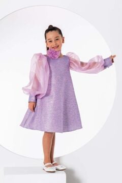Kız Çocuk Çiçekli Boyunluk Hediyeli Şeffaf Karpuz Kollu Üzeri Simli Lila Elbise