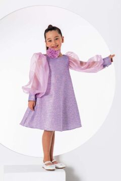 Kız Çocuk Çiçekli Boyunluk Hediyeli Şeffaf Karpuz Kollu Üzeri Simli Lila Elbise