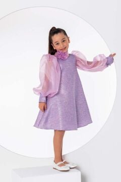 Kız Çocuk Çiçekli Boyunluk Hediyeli Şeffaf Karpuz Kollu Üzeri Simli Lila Elbise