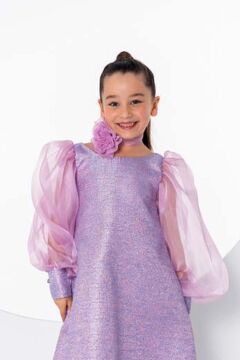 Kız Çocuk Çiçekli Boyunluk Hediyeli Şeffaf Karpuz Kollu Üzeri Simli Lila Elbise