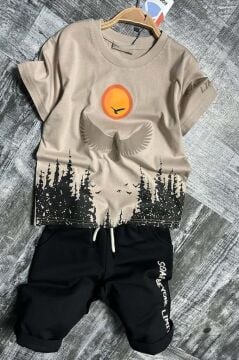 Erkek Çocuk Ağaç ve Güneş Baskılı T-shirt Yazı Detaylı Bej Şortlu Takım