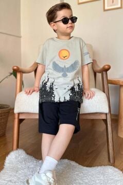 Erkek Çocuk Ağaç ve Güneş Baskılı T-shirt Yazı Detaylı Bej Şortlu Takım