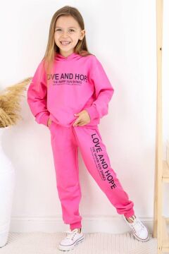 Kız Çocuk Love And Hope Basklı Penye Sweatshirt Pembe Eşofman Takım