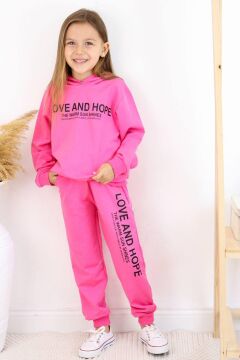 Kız Çocuk Love And Hope Basklı Penye Sweatshirt Pembe Eşofman Takım