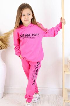 Kız Çocuk Love And Hope Basklı Penye Sweatshirt Pembe Eşofman Takım
