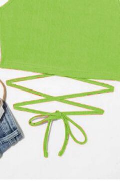 Kız Çocuk Sıfır Kol İp Bağlama Detaylı Somon Yeşil Crop