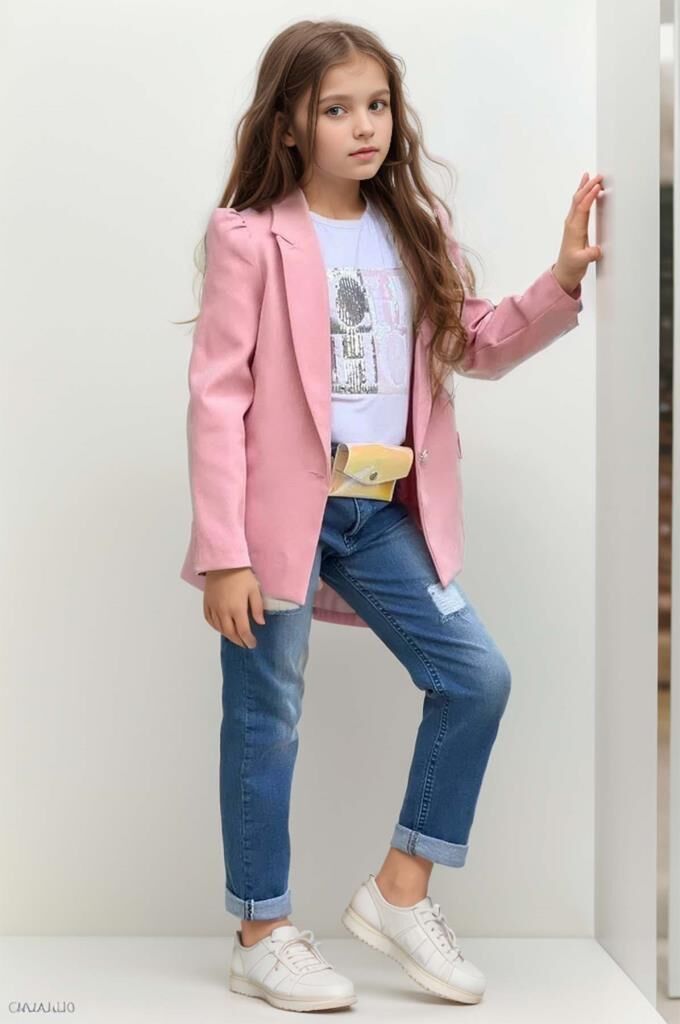 Kız Çocuk Üzeri Harf Pulpayet Tişört ve Jean Pudra Blazer Ceket Alt Üst Takım