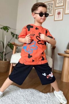 Erkek Çocuk Parmak ve Ayıcık Baskılı Turuncu T-Shirt Şortlu Takım