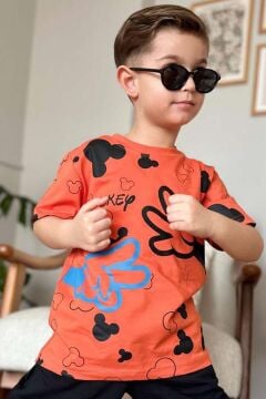 Erkek Çocuk Parmak ve Ayıcık Baskılı Turuncu T-Shirt Şortlu Takım