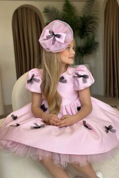 Kız Çocuk Balon Kollu Üzeri Kurdela Detaylı İçi Astarlı Saten Pudra Abiye