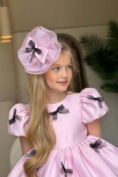 Kız Çocuk Balon Kollu Üzeri Kurdela Detaylı İçi Astarlı Saten Pudra Abiye